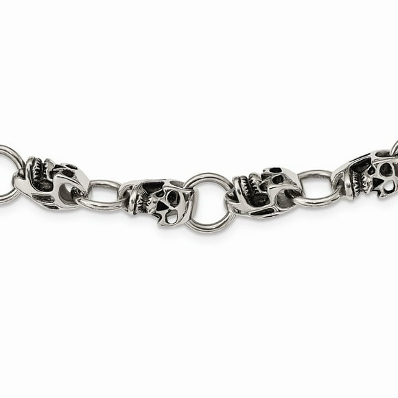 with Secure Lobster Lock Clasp 15mm Stainless Steel Antiqued-Style Skulls Bracelet with Secure Lobster Lock Clasp 15mm Stainless Steel Antiqued-Style Skulls Bracelet